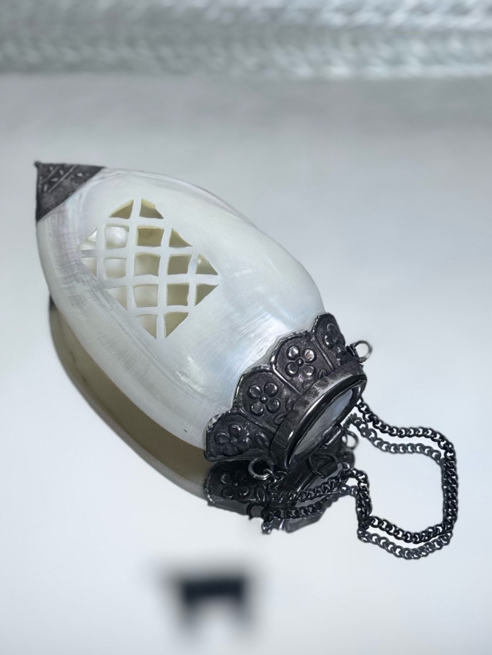 Antique 1800s Carved Chatelaine Vinaigrette Scent Bottle Mother of Pearl